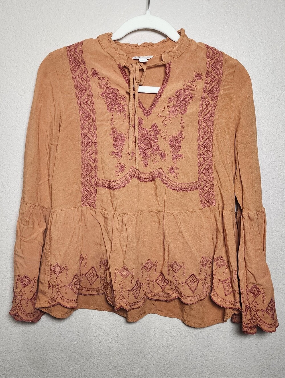 Rust Tunic with Wine Floral Embroidery Flowy Peasant Top Bell Sleeve Cottagecore